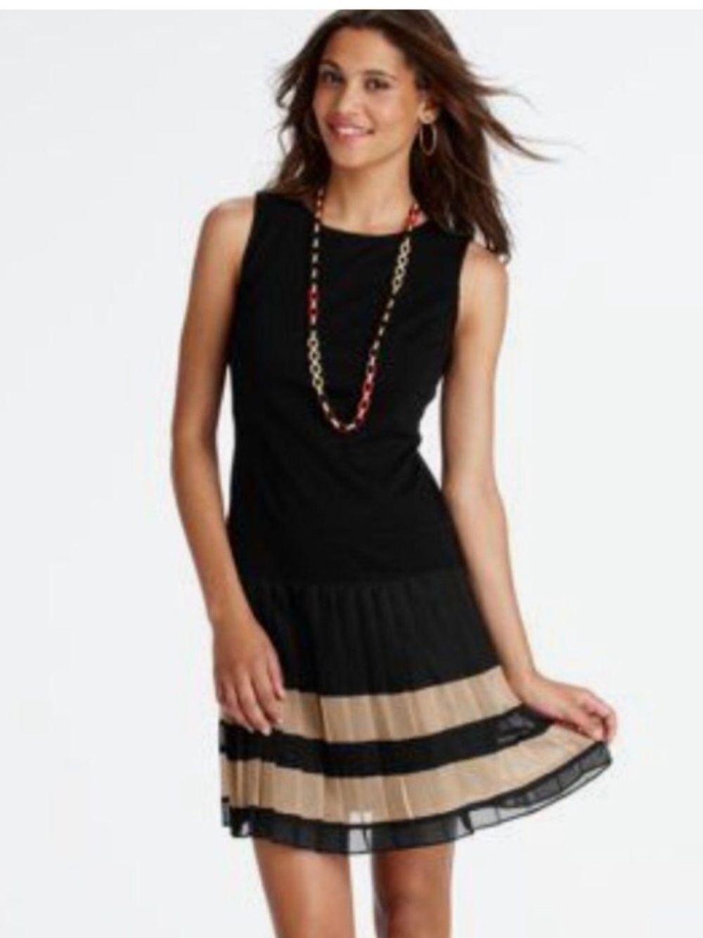 LOFT Pleated Flippy Dress Black Beige Sleeveless Pleated Skirt Dropwaist